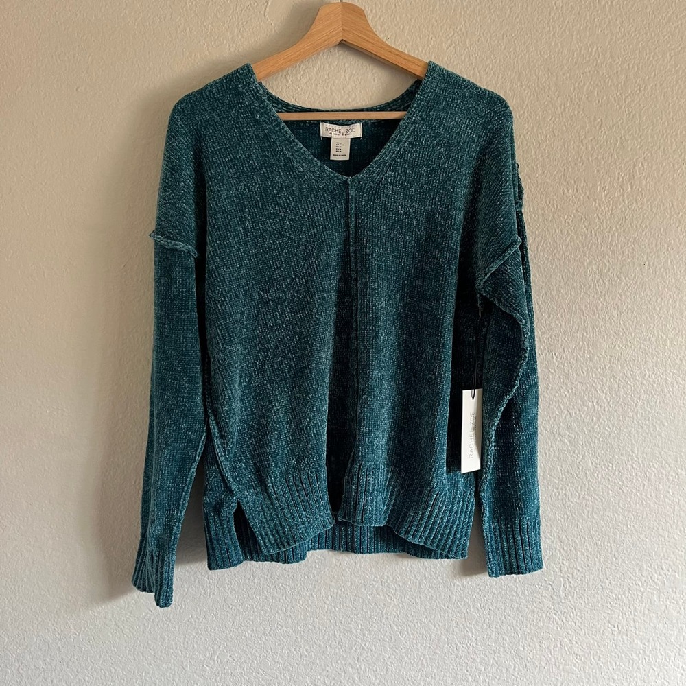 Rachel Zoe Womens Chenille Soft Knitted Sweater V Neck Top Teal Blue Size Medium